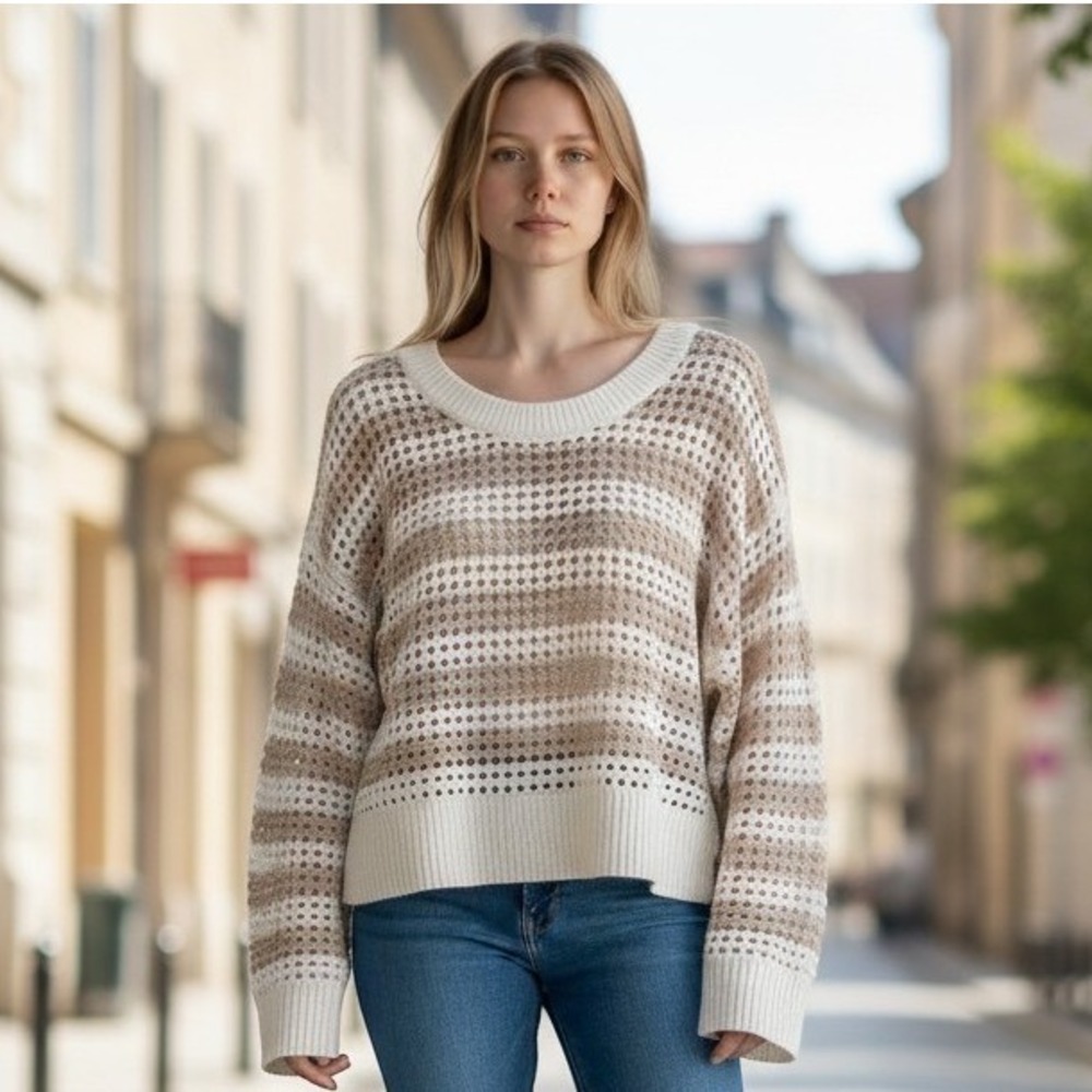Pink Rose Womens Open Knit Striped Sweater Tan Cream Boho PSR4S26600VM Size M